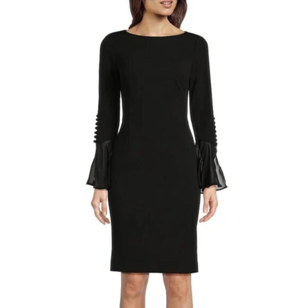 Calvin Klein Chiffon Long Sheer Bell Sleeve Round Neck Sheath Dress NWOT